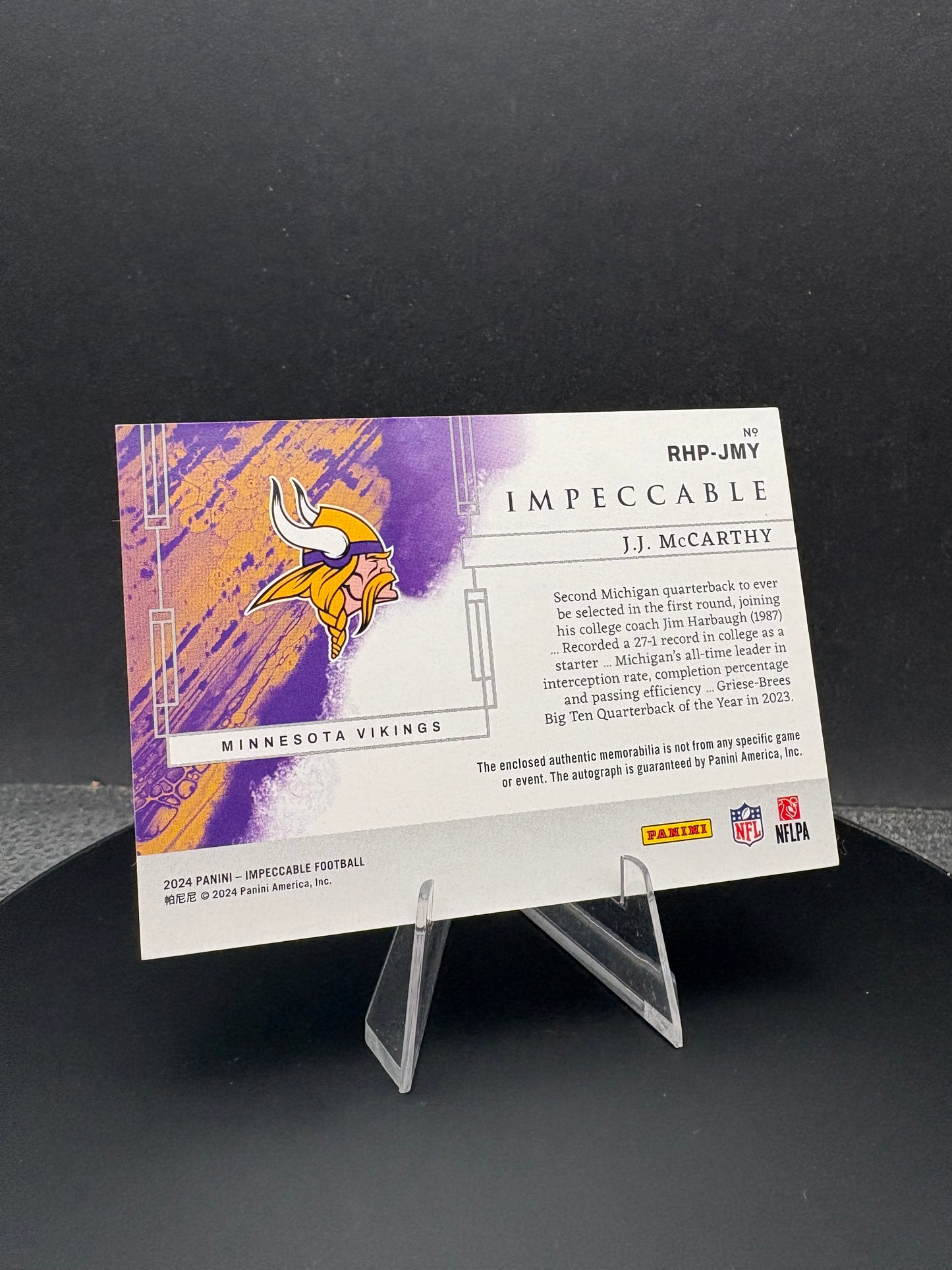 2024 Impeccable J.J. McCarthy #RHP-JMY dual patch AUTO RC /75 Elegance