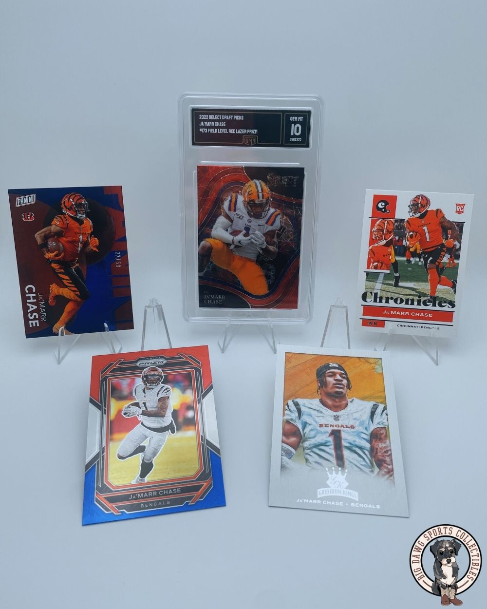 Ja'Marr Chase Bundle – Select Red Lazer (GEM MT 10), Gridiron Kings, and Chronicles Rookie Collection