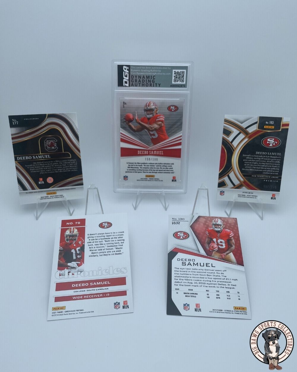 Deebo Samuel Bundle – Phoenix Pink (GEM MT 9.5), Select Blue Disco, & Chronicles Collection