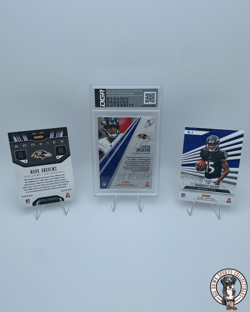 Baltimore Ravens "Dynamic Trio" Bundle – Lamar Jackson 2019 Panini Phoenix (GEM MT 9.5), Marquise Brown Rookie Patch, & Mark Andrews Collection