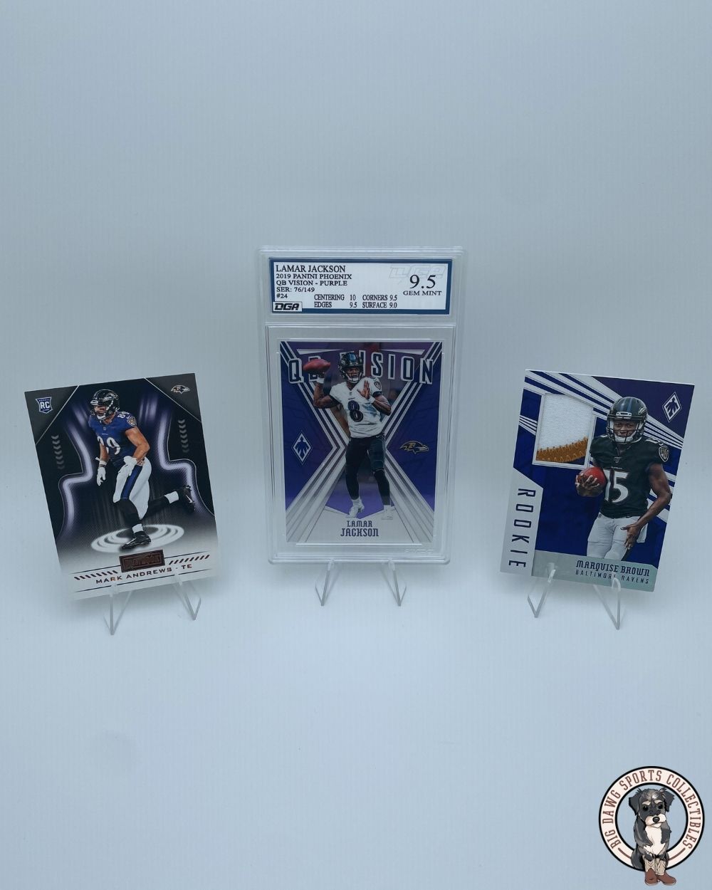 Baltimore Ravens "Dynamic Trio" Bundle – Lamar Jackson 2019 Panini Phoenix (GEM MT 9.5), Marquise Brown Rookie Patch, & Mark Andrews Collection