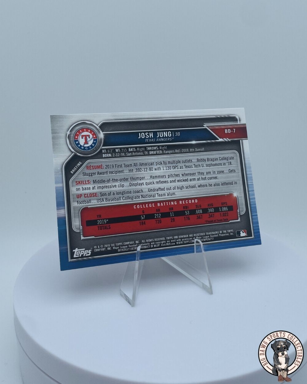 Josh Jung 2020 Bowman 1st Edition #BD-7 - Texas Rangers