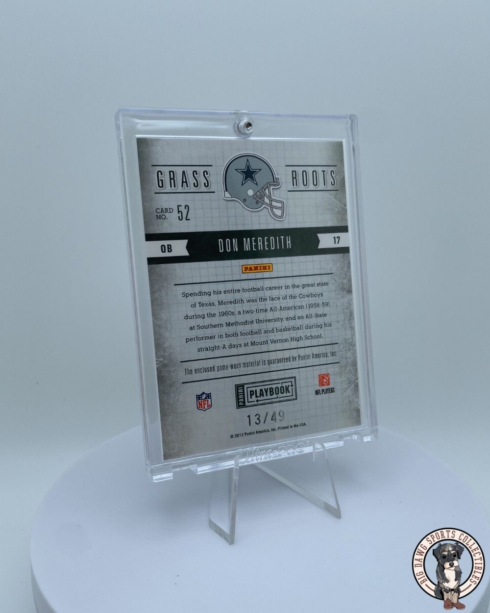 Don Meredith 2012 Playbook "Grass Roots" Relic #13/49 - Dallas Cowboys - Mt. Vernon’s Own Legend