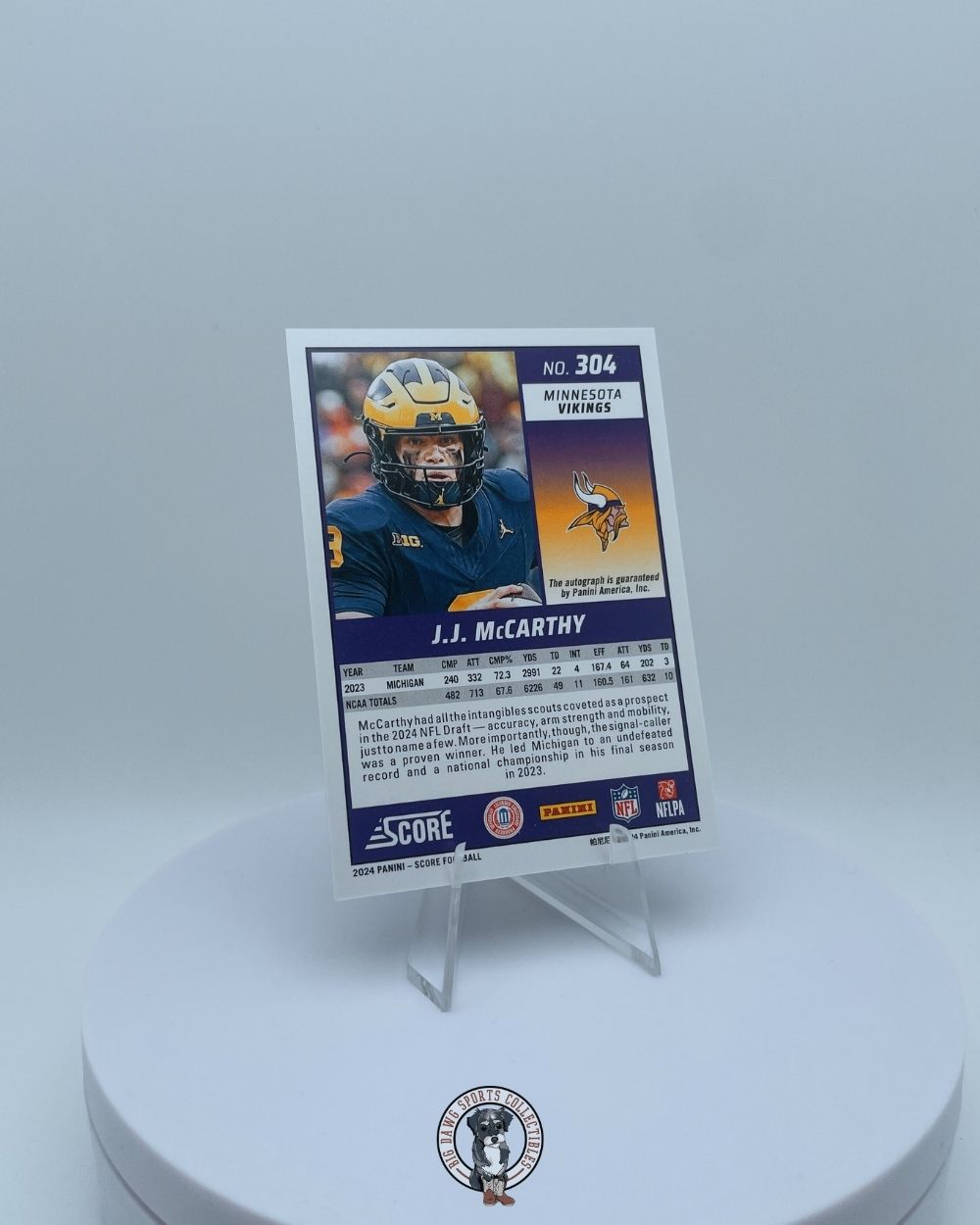 J.J. McCarthy 2024 Panini Score Rookie Green Auto - Vikings RC #304
