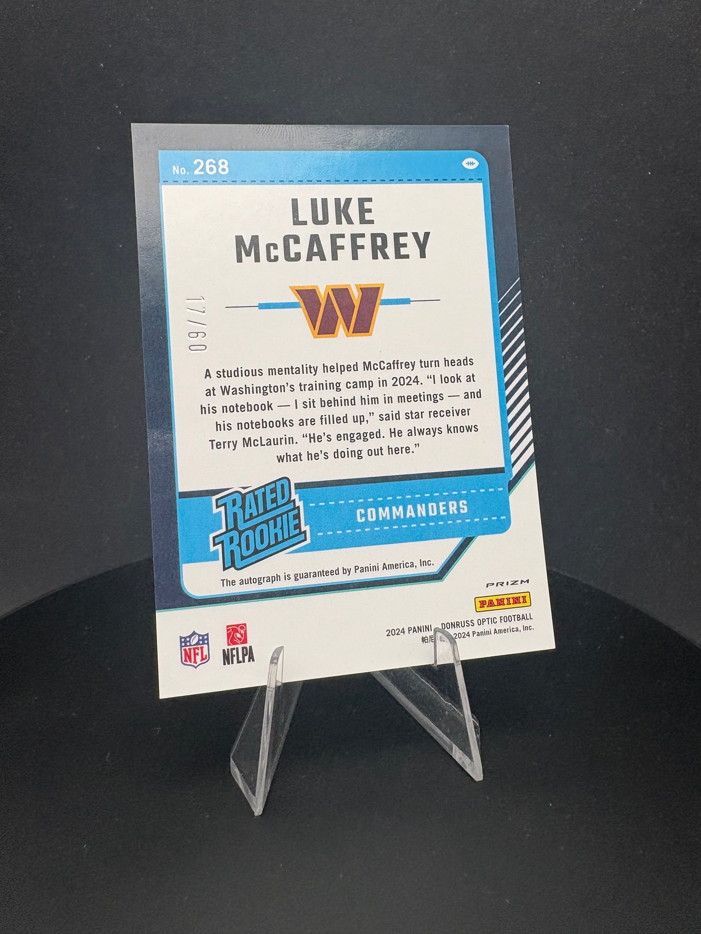 Luke McCaffrey Rated Rookie 17/60 auto, black gold prizm
